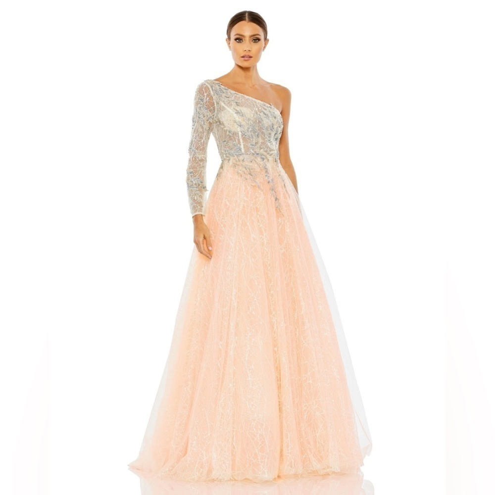 Mac Duggal 20232 NWT Light Pink Embroidered One Shoulder Bodice Ballgown